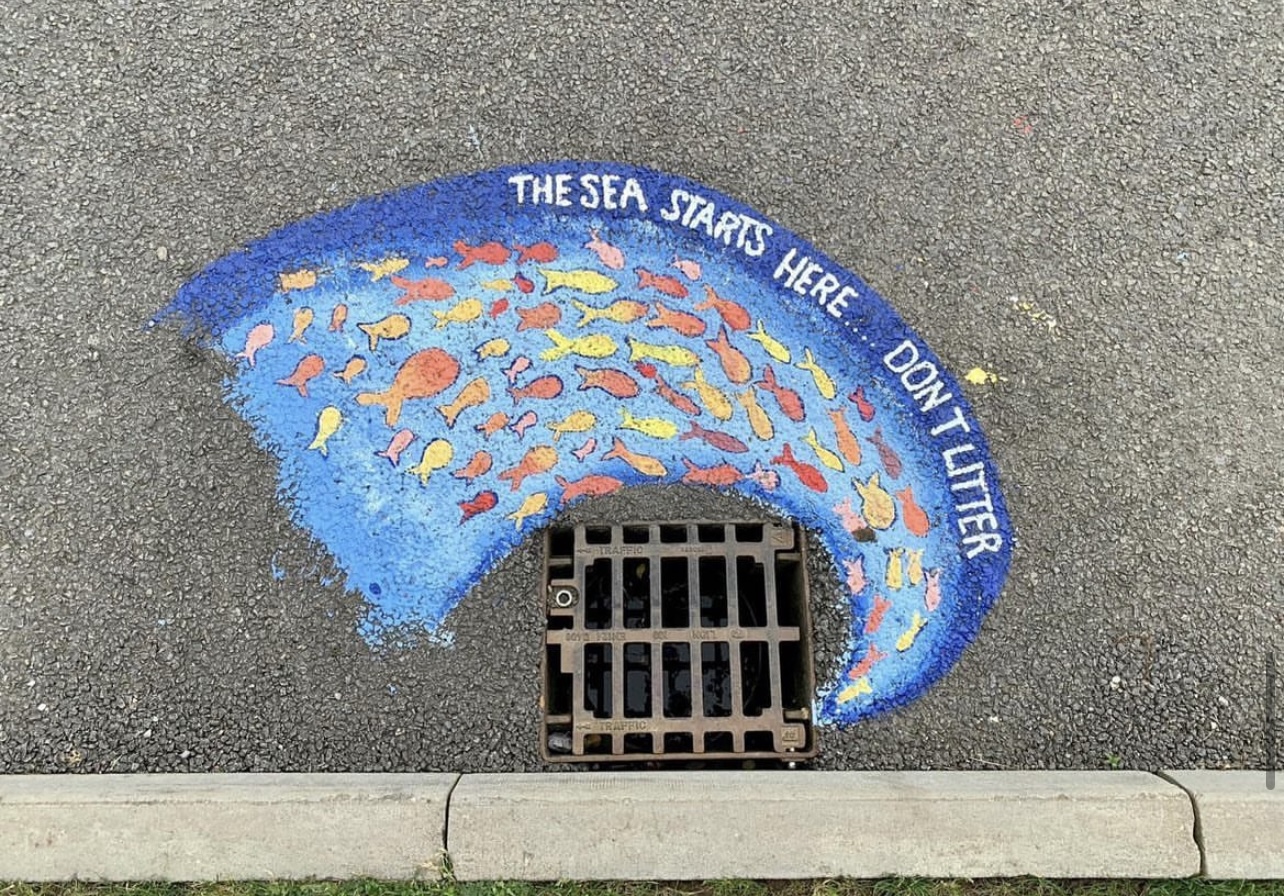 Artwork made with chalk on a road around a storm drain.